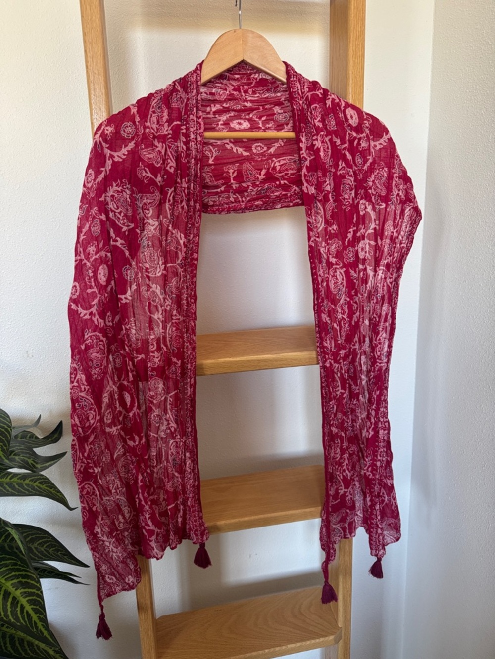 Women’s Red Paisley Lightweight Gauzy Tassel Scarf Wrap 25” x 72”